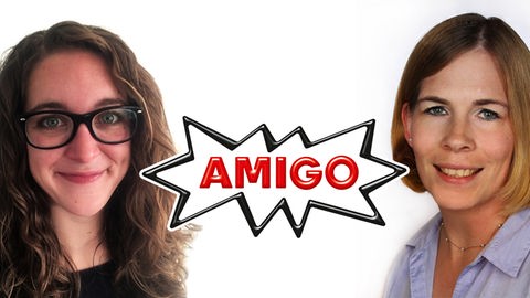 AMIGO-Logo mittig, links und rechts davon je eine Mitarbeiterin des Verlags