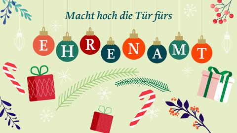 Weihnachtsbaumkugeln mit dem Schriftzug Ehrenamt und Tannengrün