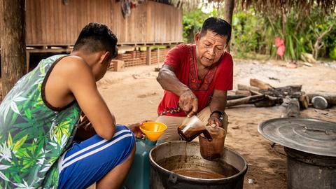 Ein Schamane gießt einen Sud aus Ayahuasca in einen Becher. 