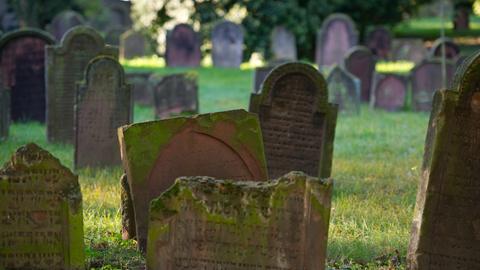 Alte Grabsteine sind in Worms auf dem jüdischen Friedhof zu sehen 