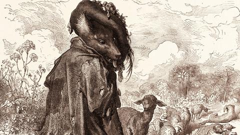 Der Wolf als Hirte: Illustration zu La Fontaines Fabeln von Gustave Doré