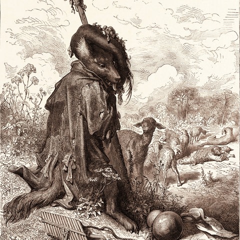 Der Wolf als Hirte: Illustration zu La Fontaines Fabeln von Gustave Doré
