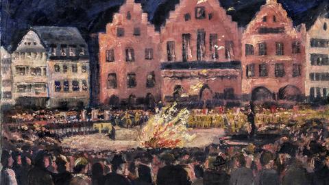 Woelcke, Heinz, Bücherverbrennung auf dem Römerberg 10.05.1933, Tafelbild, Historie, profan, Frankfurt am Main-Römerberg, 1933, Öl auf Leinwand