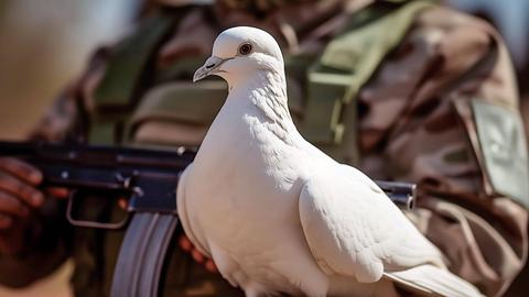 Eine Friedenstaube sitzt auf dem Knie eines Soldaten