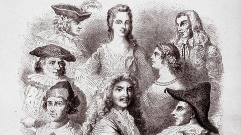 Molière, Armande Béjart (Mitte oben) und der Rest von Molières Schauspieltruppe