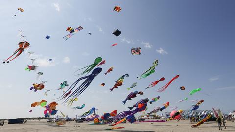 Drachen in verschiedenen Formen und Größen stehen am 08.08.2015 in St. Peter-Ording (Schleswig-Holstein) am Strand im Wind. 