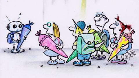 Kinder mit Schultüten wundern sich über einen kleinen Ausserirdischen mit Schultüte - Karikatur  von Petra Kaster - der Neue - aus der Caricatura Kassel