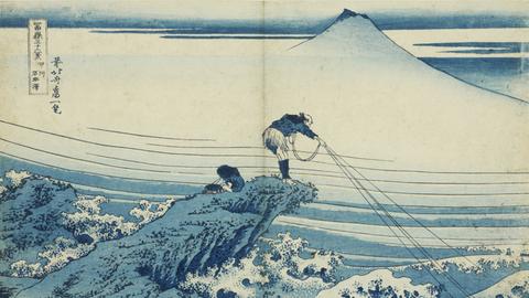 Holzschnitt von Katsushika Hokusai: "Kajikazawa in Kōshū (Provinz Kai)“, aus: "Sechsunddreißig Ansichten des Fuji"