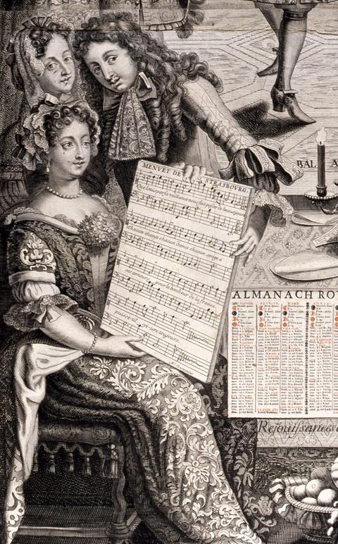 Eine Frau hält eine Partitur vor dem Komponisten Marc-Antoine Charpentier.