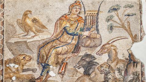 Orpheus spielt eine Kithara inmitten von Tieren, Mosaik aus Tarsus, 3. Jh. vor Chr.