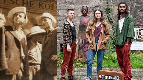 Collage: Studenten auf historischem Bild vor Kolonialschule und Student*innen heute vor Bronzestatue von Schulgründer Fabarius