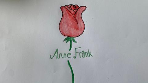 Gezeichnete Rose mit Schrift Anne Frank
