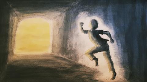 Zeichnung Mensch rennt auf Tunnelausgang zu