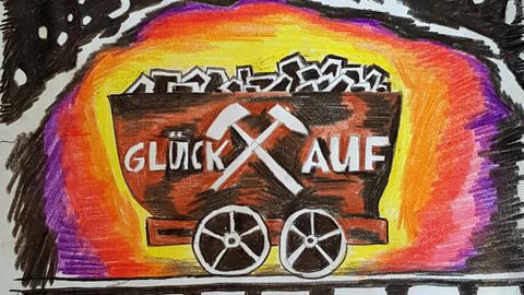 Zeichnung eines Grubenwagens mit dem Schriftzug "Glück auf"