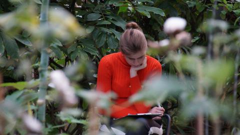 Schülerin liest inmitten von Pflanzen