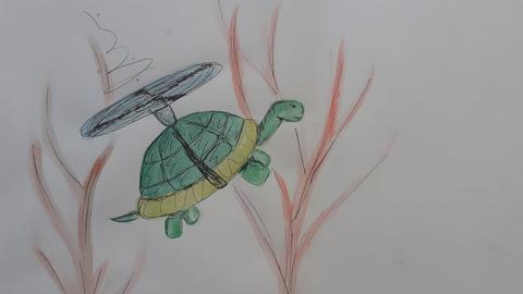 Zeichnung Schildkröte mit Propeller auf dem Rücken unterwasser