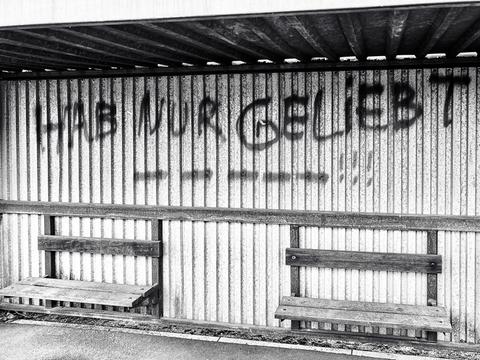 Impressionen aus dem Vogelsberg: Bushaltestelle mit dem gesprayten Text "HAB NUR GELIEBT ... ... ... ... ... !!!"