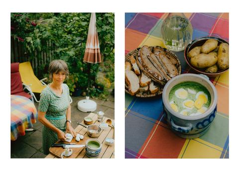 2 Reportage-Fotos: Frankfurterin bei der Zubereitung in ihrem Garten, rechts die Grüne Soße in Frankfurter Dippe angerichtet mit Kartoffeln und Graubort