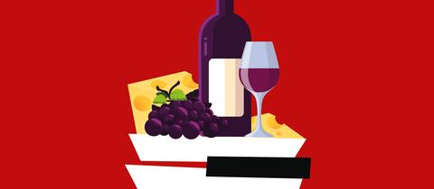 Gezeichnete Flasche Rotwein und Käse vor einer Klaviertastatur