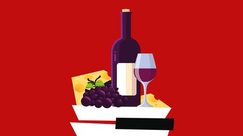 Gezeichnete Flasche Rotwein und Käse vor einer Klaviertastatur