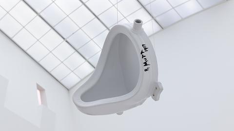 Und umgedrehtes Pissoir fliegt scheinbar durch den Raum - Marcel Duchamp, Fountain (Fontäne), 1917/1964, Ausstellung Marcel Duchamp im MMK Frankfurt